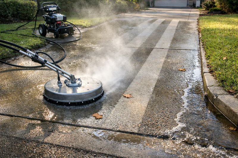 Freshly pressure washed concrete driveway